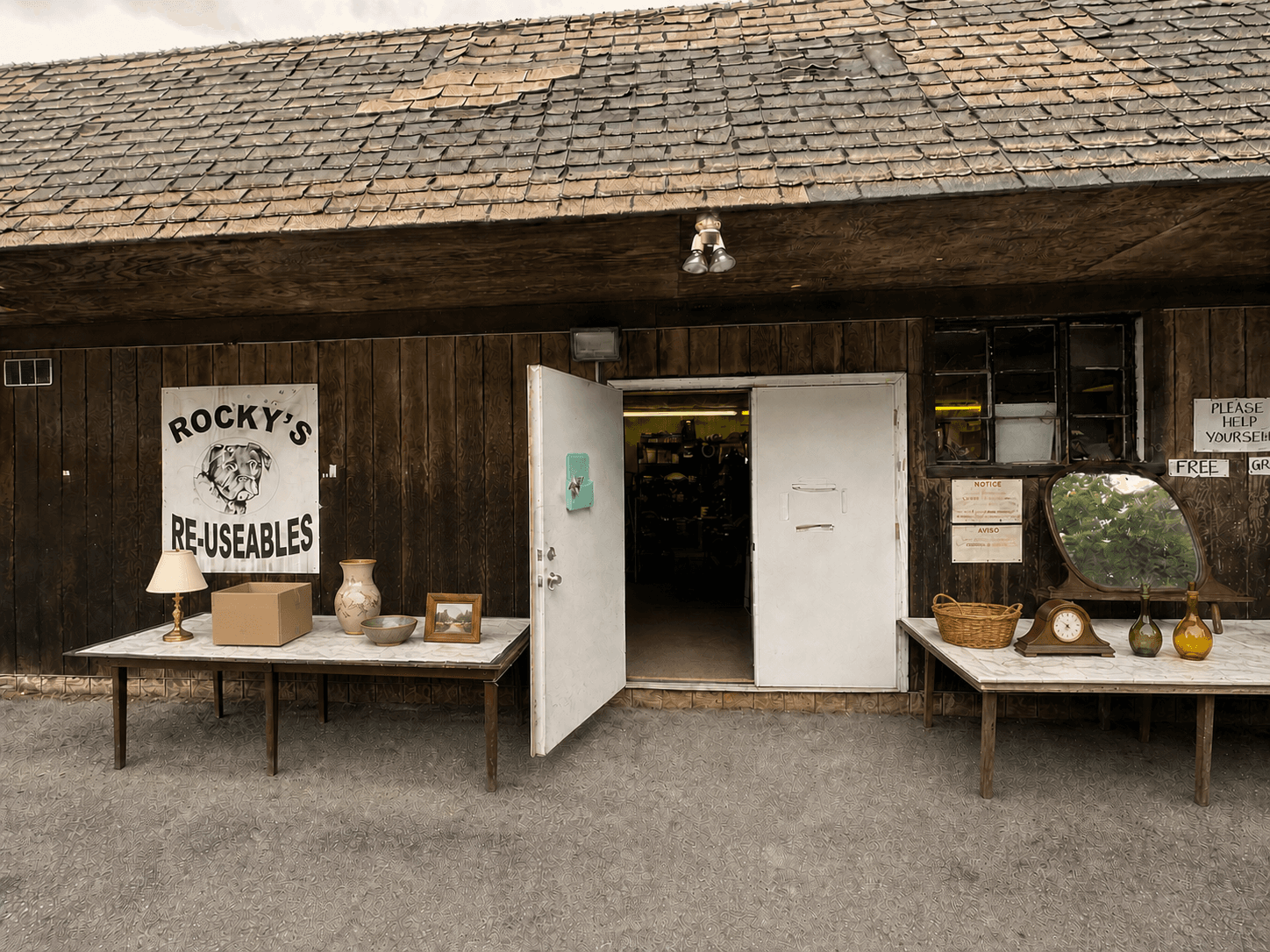 The storefront and outdoor displays at Rocky's Reusables thrift shop